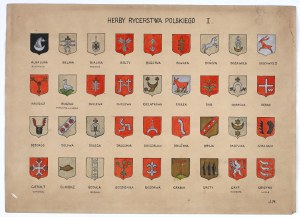 [HERBARZ POLSKI] Herby Rycerstwa Polskiego. Set of 7 plates with hand-painted coats of arms of the Polish nobility, by Julia Meczicka [Lviv 1935-39].