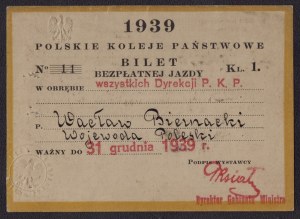 KOSTEK-BIERNACKI Waclaw] Free ride ticket of the Polish State Railways for the governor of Polesie, Waclaw Kostek-Biernacki. 1939 r. [PKP]