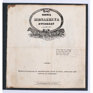 [KROCZYŃSKI Dyonizy] Nowa Menażerya zwierząt z roku 1847-1848. Dochód przeznaczony na umundurowanie dwóch strzelców, polowaniem tych zwierząt się trudniących. Lwów 1848. Druk Instytutu Ossolińskich.