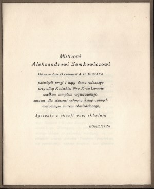 SEMKOWICZ Aleksander] To Alexander Semkovich on February 23, 1930 by Lviv bibliophiles. Lviv 1930