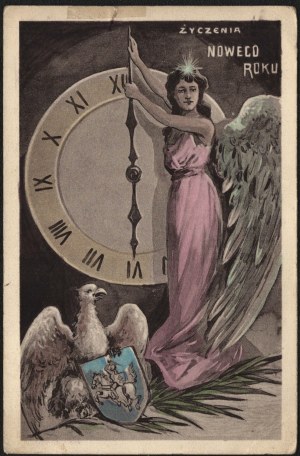 Patriotic postcard with Pogonia, the coat of arms of Lithuania. New Year's greetings. Published by the Salon of Polish Painters in Cracow.
