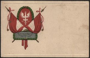 Patriotic postcard. 125th anniversary of the Constitution of the Third of May 1791-1916. White eagle on a red background, in a wreath, between banners.