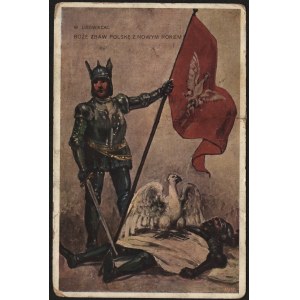 Pocztówka patriotyczna. Boże zbaw Polskę z Nowym Rokiem. Mal. M. Lisowiecki. Wydawnictwo Pocztówki w Krakowie]