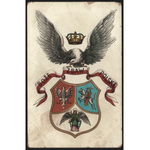Pocztówka patriotyczna. Boże Zbaw Polskę. Kartusz z herbami Polski, Litwy i Ukrainy. Wydawnictwo Salonu Malarzy Polskich w Krakowie. 1905.