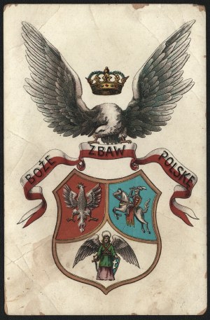 Patriotic postcard. God Save Poland. Cartouche with the coats of arms of Poland, Lithuania and Ukraine. Published by the Salon of Polish Painters in Cracow. 1905.