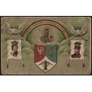 Cartolina patriottica. O Maria, Regina della Corona polacca, prega per noi! Stemmi di Polonia, Lituania e Ucraina. 1920 r.