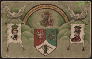 Patriotic postcard. O Mary Queen of the Polish Crown pray for us! Coats of arms of Poland, Lithuania and Ukraine. 1920 r.