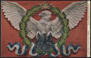 Patriotic postcard. White eagle in laurel and glory... Mal. A. Grzybowski cf, Leg. P. Published by the Salon of Polish Painters in Cracow.