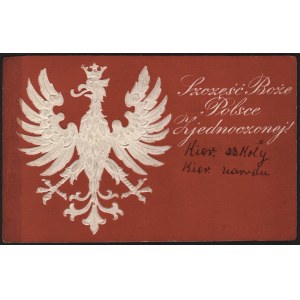 Pocztówka patriotyczna. Szczęść Boże Polsce Zjednoczonej! Orzeł biały na czerwonym tle. [1931]