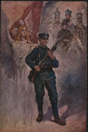 Patriotic postcard. Following the example of heroes. Published by the Salon of Polish Painters in Cracow.