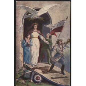 Pocztówka patriotyczna. Zmartwychwstanie Polski. Wolność Narodom. Mal. Walery Eliasz Radzikowski. Wydawnictwo Salonu Malarzy Polskich w Krakowie.]