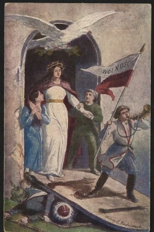 Patriotic postcard. Resurrection of Poland. Freedom to the Nations. Mal. Walery Eliasz Radzikowski. Published by the Salon of Polish Painters in Cracow].