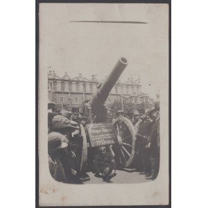 Belager Kanone. 15. cent rosyjskie działo oblężnicze zdobyte w Przemyślu 3. 6. 1915 roku. Prezentowane w Krakowie, na Rynku Głównym przed Sukiennicami.