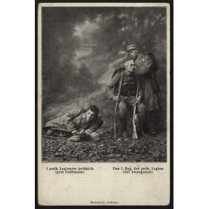 Pocztówka 1 Pułk Legionów polskich (pod Dęblinem). Opatrywanie rannego Fotografia aranżowana. 1915 r.