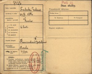Polish Western Legion] Military card of the Polish Western Legion for Tadeusz Terlecki, Battalion Commander, 3rd Regiment.