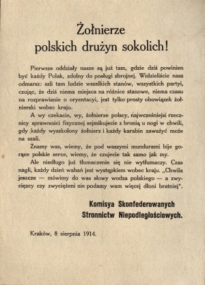 SOKOL] Soldiers of the Polish Falcon squads! [Inc.:] Our first troops are already where every Pole should be today [...] : Kraków, August 8, 1914 / Commission of the Confederated Independence Parties.