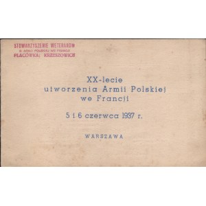 Błękitna Armia gen. J. Hallera] Zaproszenie na obchody 20-lecia Armii Hallera, wystosowane przez Stowarzyszenie Weteranów b. Armii Polskiej we Francji placówka Krzeszowice. 1937 r.