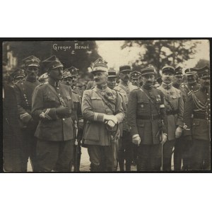 Armia Wielkopolska, Wojsko Wielkopolskie] Wizyta Misji Koalicyjnej - Gen. Dowbor-Muśnicki w towarzystwie oficerów oraz przedstawicieli Misji Koalicyjnej z Francji. Poznań, marzec 1919. Fot. K. Greger.
