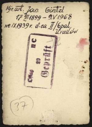 Oflag photograph] Photograph of Maj. Art. Jan Gintel, commander of the 6th Light Artillery Regiment. Stamp of Oflag II C Woldenberg