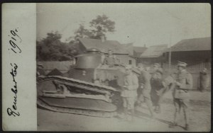 POLISH-BOLSHEVIK WAR] Group of Haller's Army soldiers near Renault FT tank. Rembertów 1919.