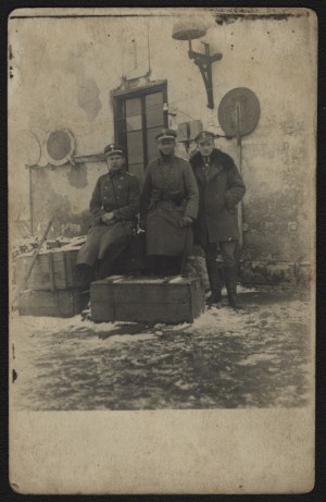 POLISH-UKRAINIAN WAR] Set of 3 photographs depicting Polish Army soldiers after the capture of Kamienobrod railroad station in March 1919.