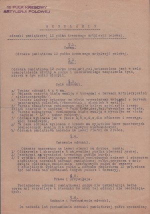 12 Borderland Regiment of Field Artillery] Regulations for the commemorative badge of the 12th Borderland Regiment, signed by Lieutenant Roman Winogrodzki. 1929 r.