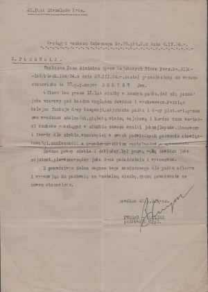 45th Border Rifle Regiment, Gen. Bronislaw PRUGAR-KETLING] Two documents with the commendation of service of Major Jan Smoter and a notice to the Command of the 37th Infantry Regiment in connection with the transfer of an officer. 1934 r.