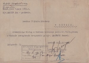 45th Border Rifle Regiment, Gen. Bronislaw PRUGAR-KETLING] Two documents with the commendation of service of Major Jan Smoter and a notice to the Command of the 37th Infantry Regiment in connection with the transfer of an officer. 1934 r.