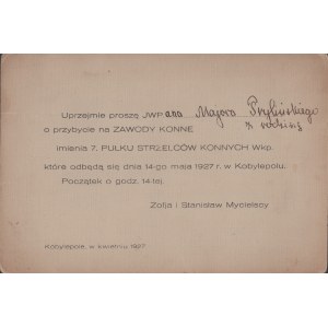 7. Pułk Strzelców Konnych Wkp.] Zaproszenie na Zawody Konne imienia 7. Pułku Strzelców Konnych Wkp. na 14 V 1927 w Kobylepolu
