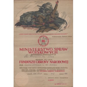 FUNDUSZ OBRONY NARODOWEJ, MINISTERSTWO SPRAW WOJSKOWYCH] Dyplom potwierdzający złożenie daru na cele Funduszu Obrony Narodowej z dnia 17 VI 1936 r. dla p. Jana Oltusz-Pomorzańskiego.