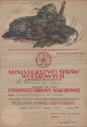 NATIONAL DEFENSE FUND, MINISTRY OF MILITARY AFFAIRS] Diploma confirming donation to the National Defense Fund, dated June 17, 1936, for Mr. Jan Oltusz-Pomorzanski.
