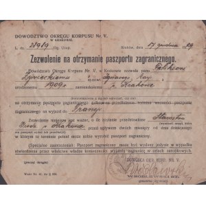 GEN. WRÓBLEWSKI Stanisław, autograf] Dowództwo okręgu Korpusu Nr. V. w Krakowie. Zezwolenie na otrzymanie paszportu zagranicznego dla Feliksa Żywieckiego. 17 XII 1929 r.