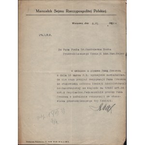 SŁAWEK Walery] Marszałek Sejmu RP płk Walery Sławek 1937. Pismo na papierze urzędowym Marszałka Sejmu Rzeczypospolitej Polskiej dat. Warszawa 8 VI 1937, skierowane do posła Kazimierza Ducha