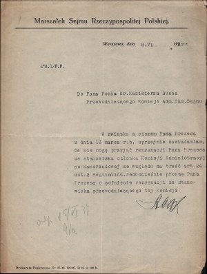 SŁAWEK Walery] Marshal of the Sejm of the Republic of Poland Colonel Walery Sławek 1937. Letter on official paper of the Marshal of the Sejm of the Republic of Poland dated. Warsaw 8 VI 1937, addressed to Kazimierz Duch MP
