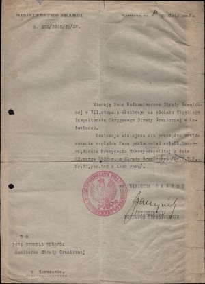 STARZYŃSKI Stefan] Appointment to the Superintendent of the Border Guard, 1928 Issued on December 31, 1928 by the Ministry of the Treasury. Signature of S. Starzynski.