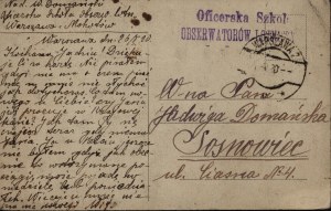 Polish-Bolshevik War] Postcard with view of Warsaw and stamp: Oficerska Szkoła Obserwatorów Lotniczych. Warsaw 1920