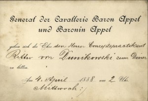 APPEL Johann Freiherr] Dinner invitation to Mr. Ritter von Dunikowski from Austrian General Johann von Appel. April 4, 1888.
