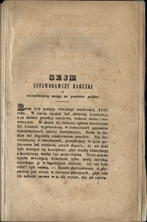 DUNIN-BORKOWSKI Aleksander] Sejm Ustawodawczy Rakuzki ze szczególniejszą uwagi na poselstwo polskie. Poznan 1849. in Komisie Księgarni J. K. Żupańskiego.