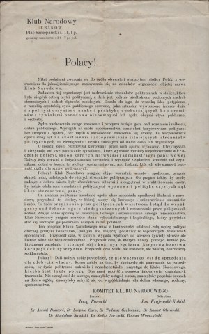 National Club in Cracow] Proclamation to the Poles. Interwar period.