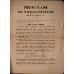 Konstytucja 3. Maja] Program obchodu 100-letniej rocznicy wiekopomnej Konstytucji w Krakowie. Kraków, dnia 29 Kwietnia 1891.