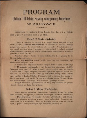 Constitution of the 3rd of May] Program of the celebration of the 100th anniversary of the eternal Constitution in Cracow. Cracow, 29 April 1891.