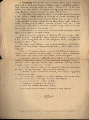 Constitution of the 3rd of May] Program of the celebration of the 100th anniversary of the eternal Constitution in Cracow. Cracow, 29 April 1891.