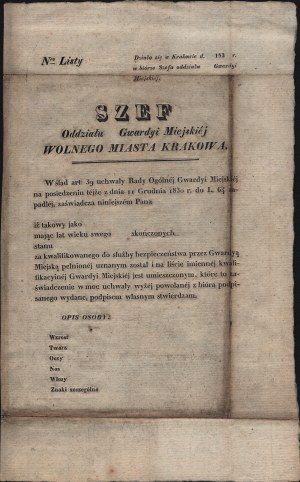 November Uprising] Head of the Municipal Guard Branch of the Free City of Cracow. Blank form of certificate of eligibility for security service [after XII 1830].