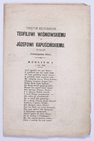 The sentence of death in the c. k. punishment court of Lviv, against Teofil Wiśniowski, also assumed name of Karol Duval, Winnicki, Dąbrowski, Zagorski and Bedykta Lewiński bearing, for the committed crime of State, was passed, and on the same confirmed i