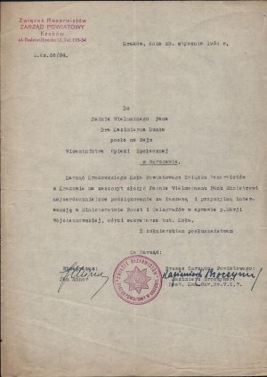 Union of Reservists] Letter of the District Board of the Union of Reservists in Cracow, dated 23 I 1934. Acknowledgments to the Minister.