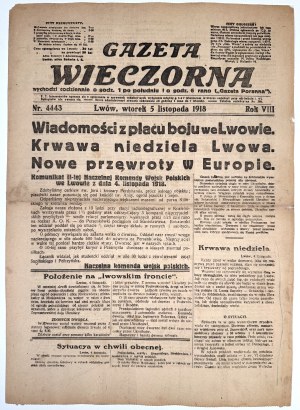 Battle for Lviv] Evening Gazette of November 5, 1918. No. 4443, Year VIII. News from the battlefield in Lviv. Lviv's bloody Sunday.