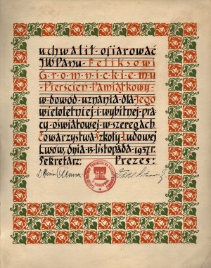 GROMNICKI Feliks of the coat of arms Prawdzic] Address of the XL General Meeting of the People's School Society in Lviv informing about the offering of a memorial ring to Feliks Gromnicki in recognition of his merits. Lviv 13 XI 1937.