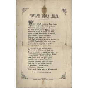 Powitanie Karola Libelta. We Lwowie dnia 12. kwietnia 1869. Nakładem drukarni Dz. lw. Dr. H. Jasieńskiego.