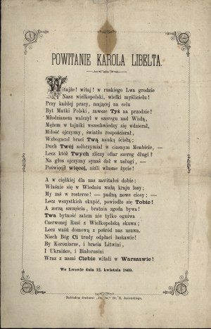 Welcoming Karol Libelt. In Lviv on 12. April 1869. published by the printing house 