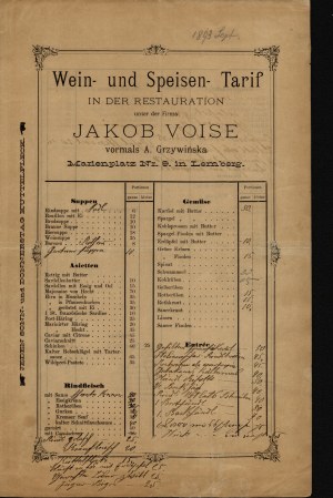 Tariff of wine and food in the restaurant under the firm of Jakub Voise at No. 9 Mariacki Square in Lviv. Lviv [ca 1893].